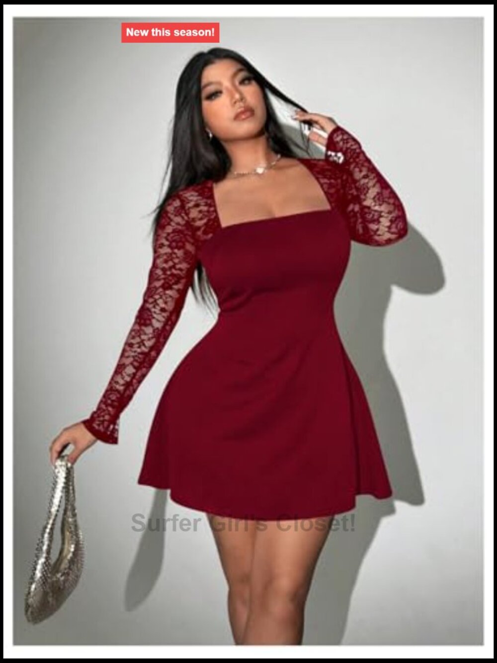 Plus Size Lace Long Sleeve Square Neck Mini Party Dress - Picture 4 of 5